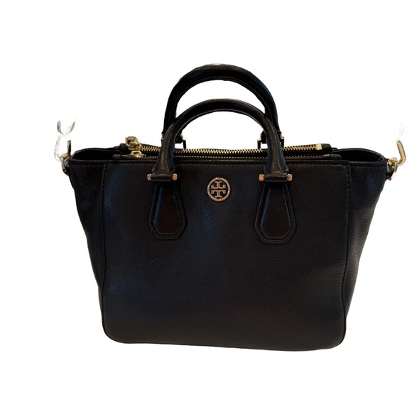 Tory Burch Robinson Black Pebbled Leather Tote  Double Zip Handbag/crossbody - Picture 2 of 16